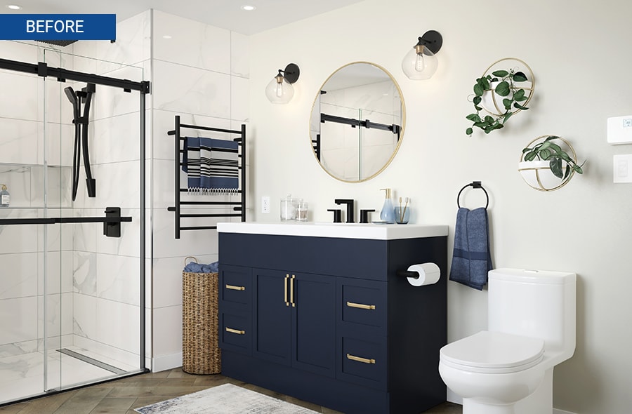 Modern coastal bathroom with a navy-blue vanity