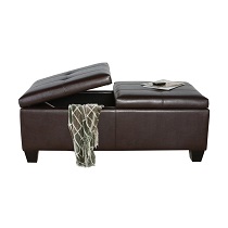 Dark brown leather ottoman with left half propped open